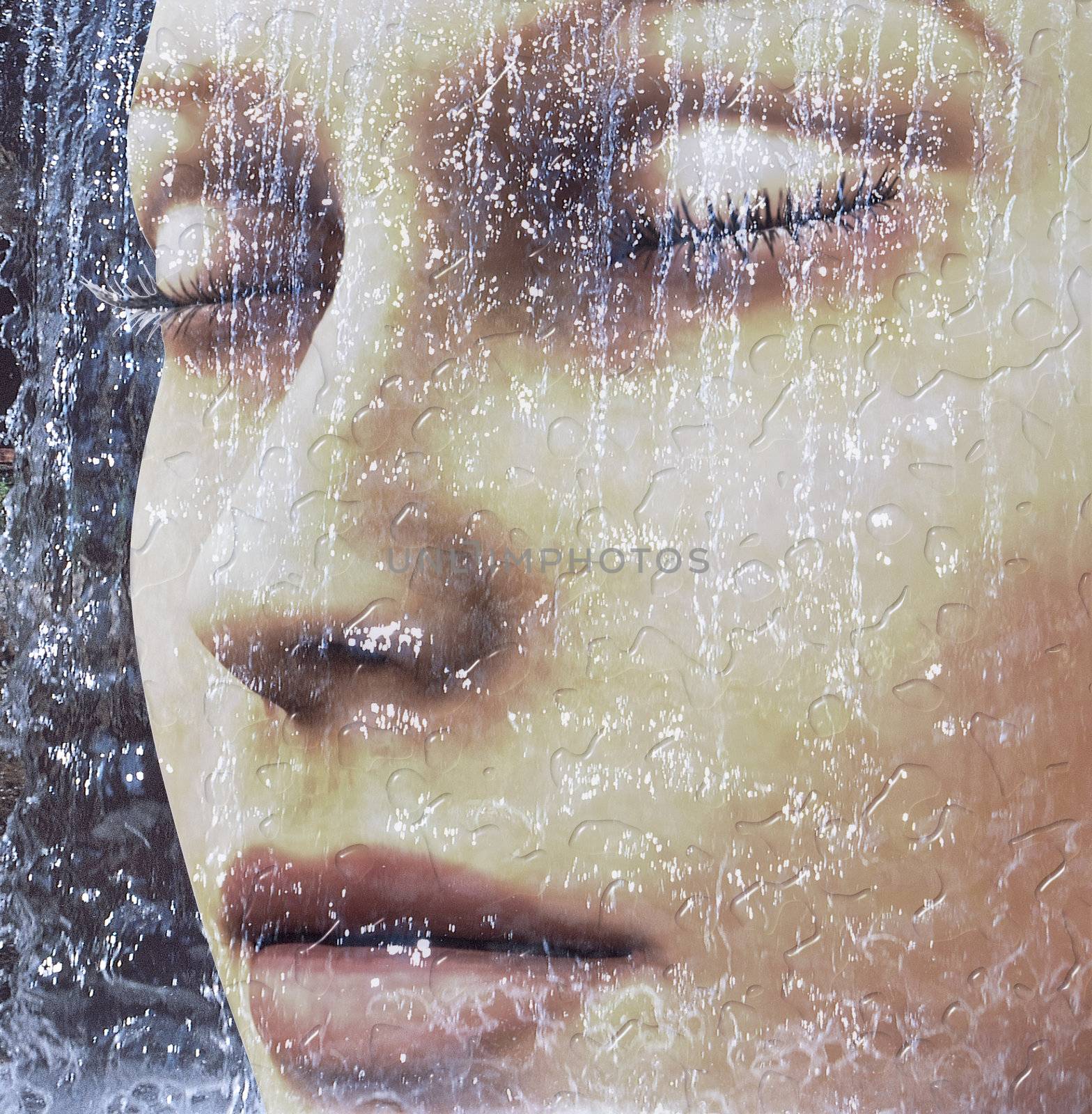 Digital composition of a female face / one of four elements: water