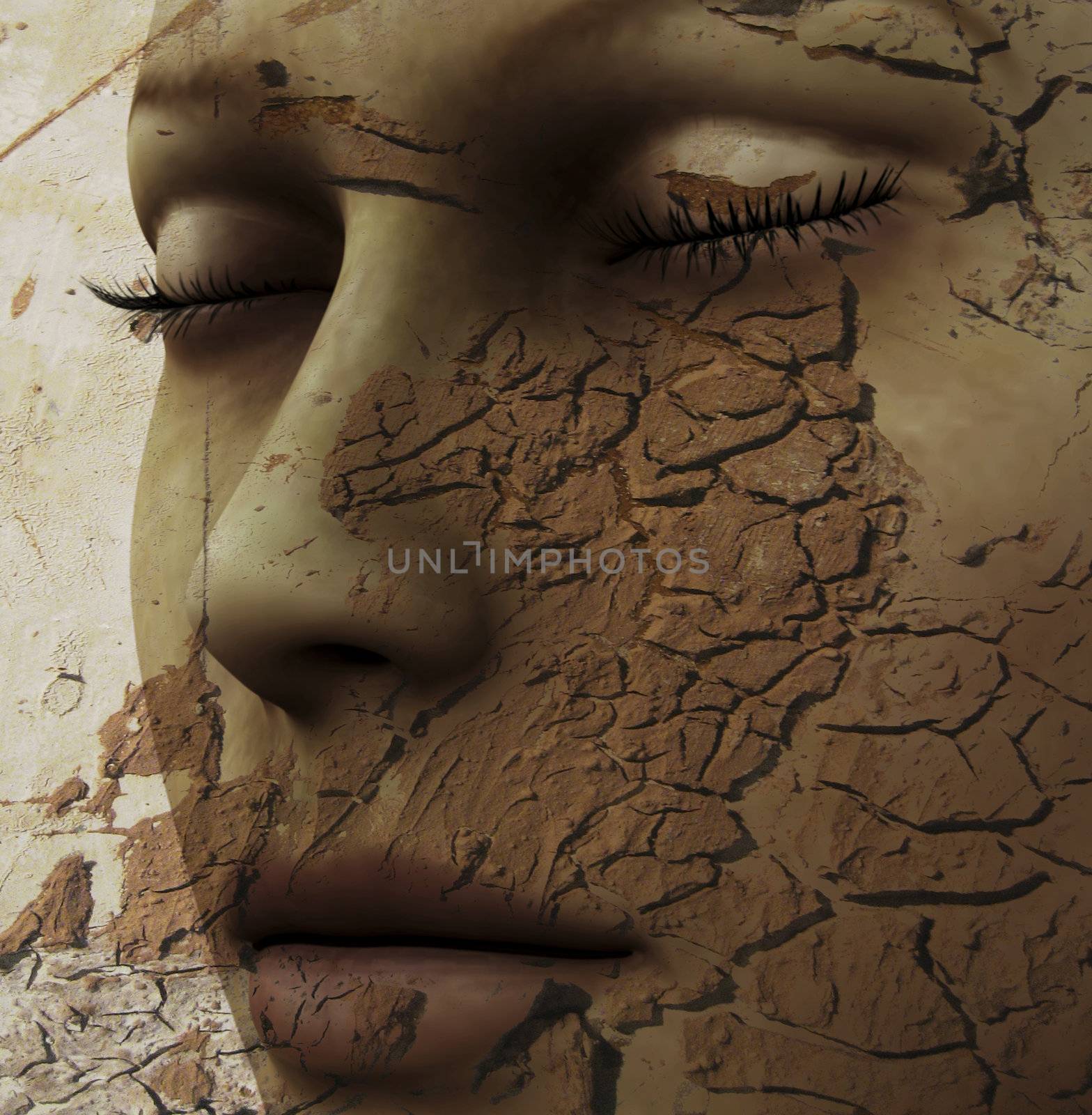 Digital composition of a female face / one of four elements: earth