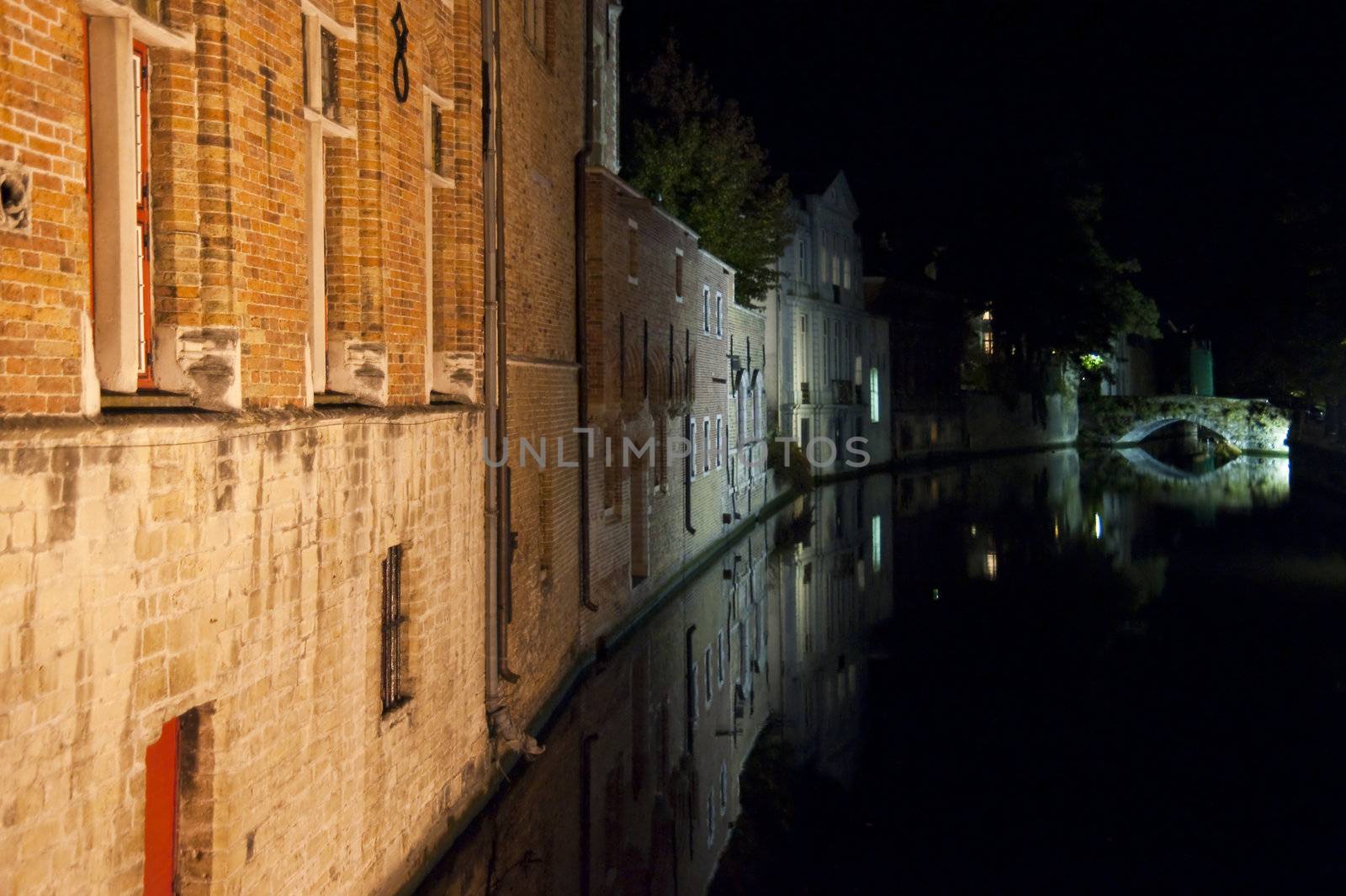old town of bruges, belgium, by night