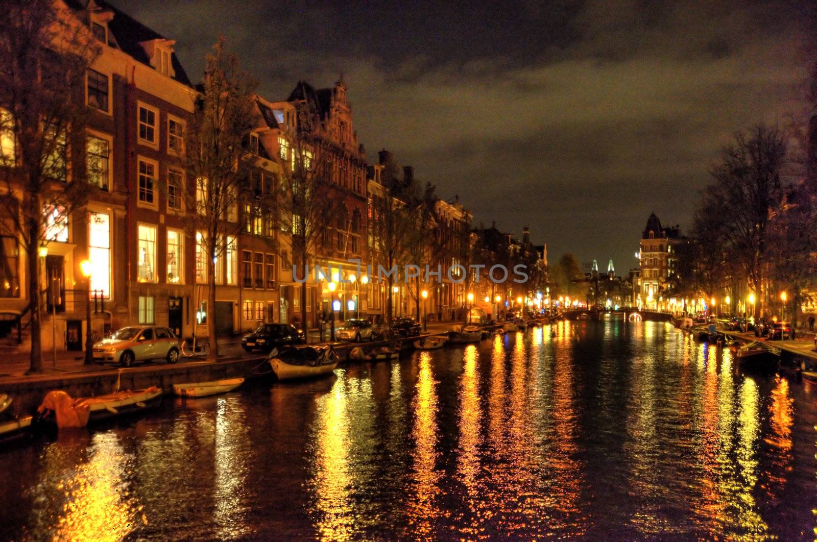 scene in the old town of amsterdam, netherlands by night (hdr)
