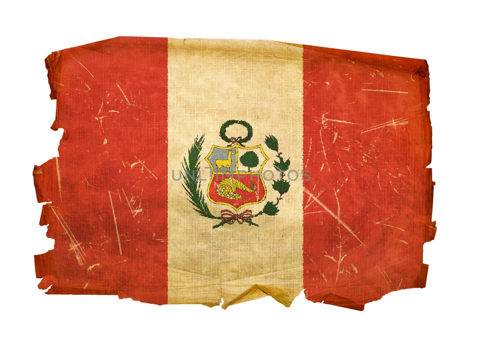 Peru Flag old, isolated on white background.