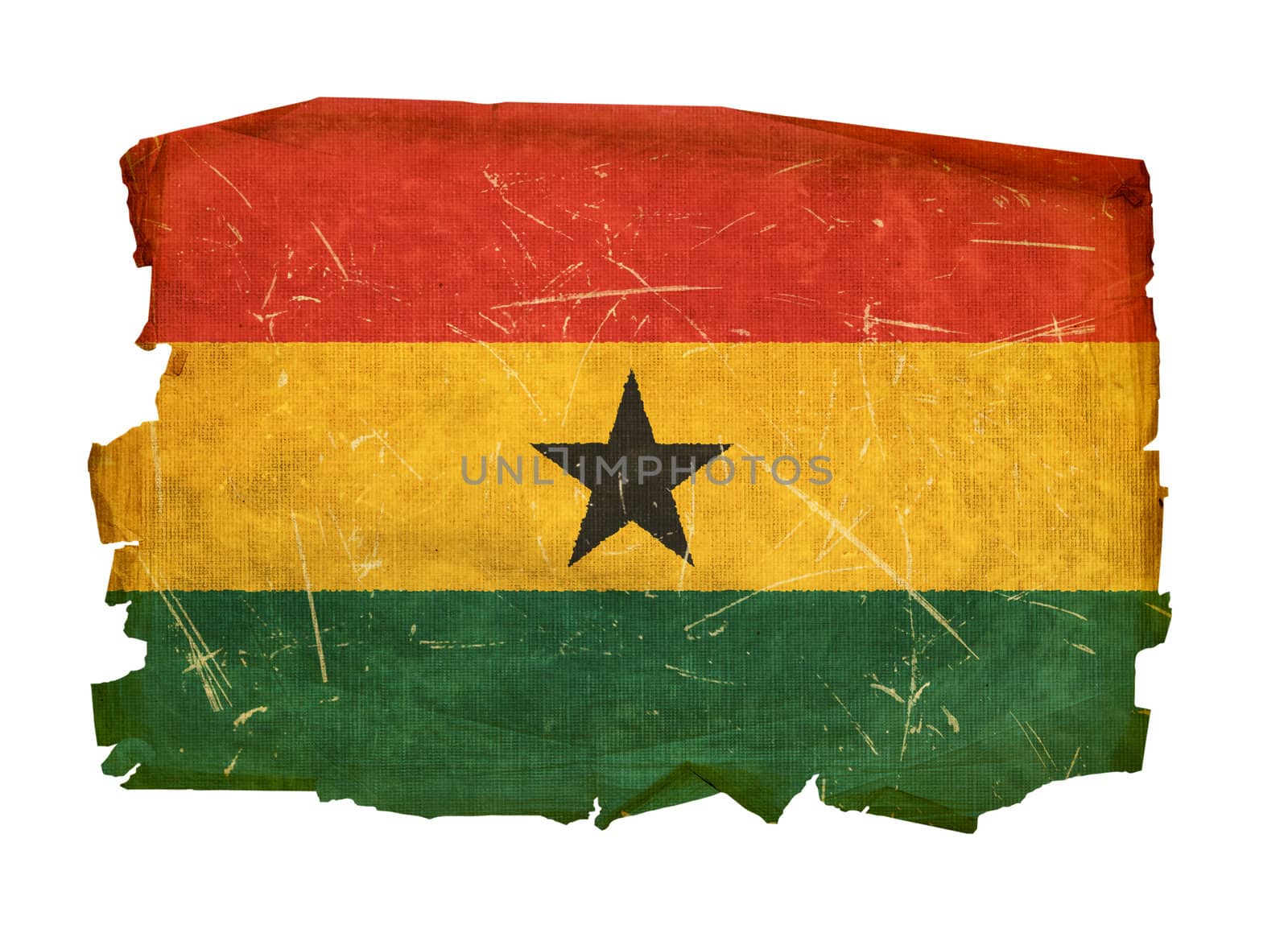 Ghana Flag old, isolated on white background.