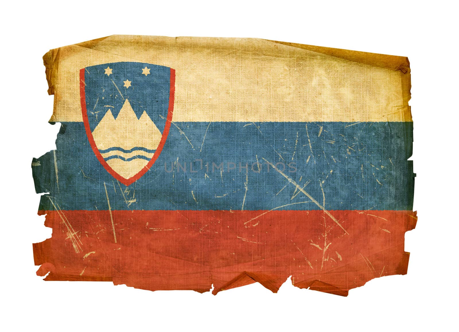 Slovenia Flag old, isolated on white background.