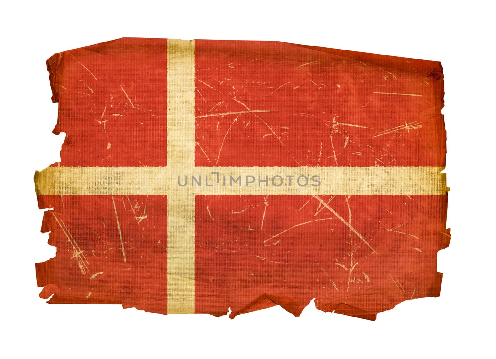 Danish Flag old, isolated on white background.