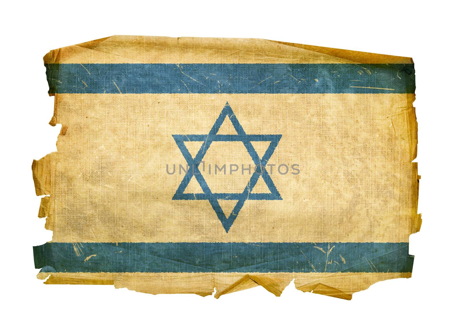 Israeli Flag old, isolated on white background.