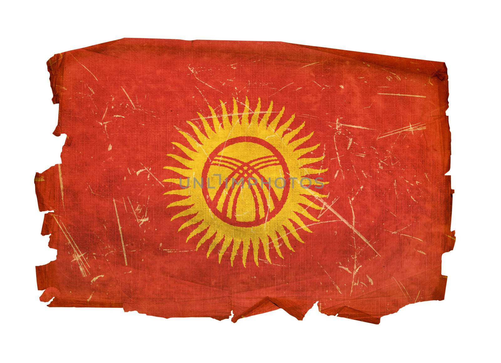 Kyrgyzstan Flag old, isolated on white background.