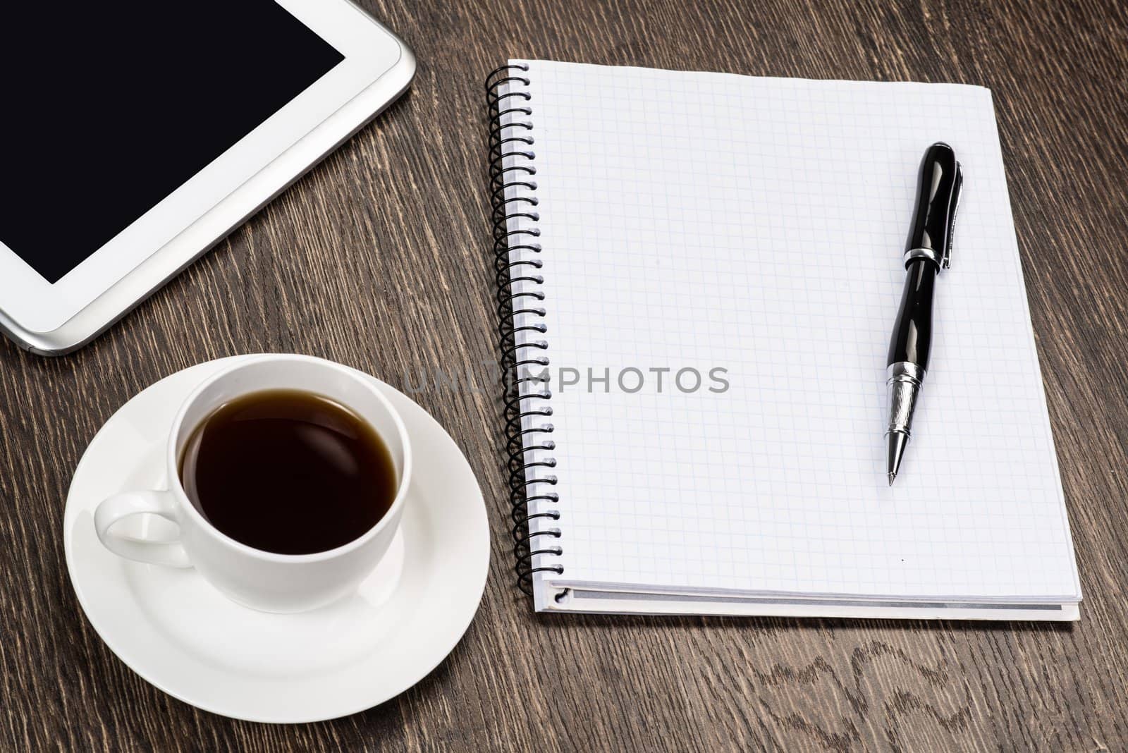 notepad, pen, coffee and tablet, workplace businessman