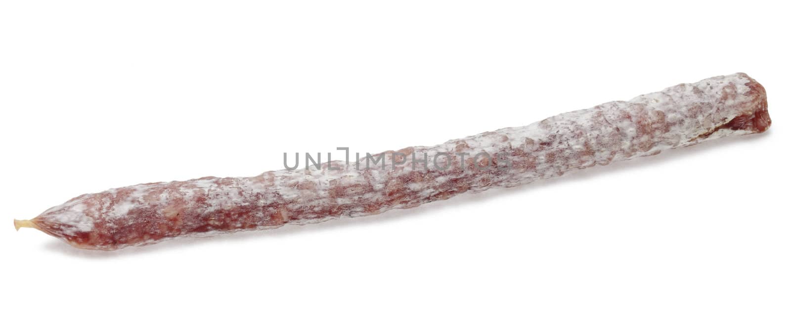 Image of a dry French sausage against a white background.