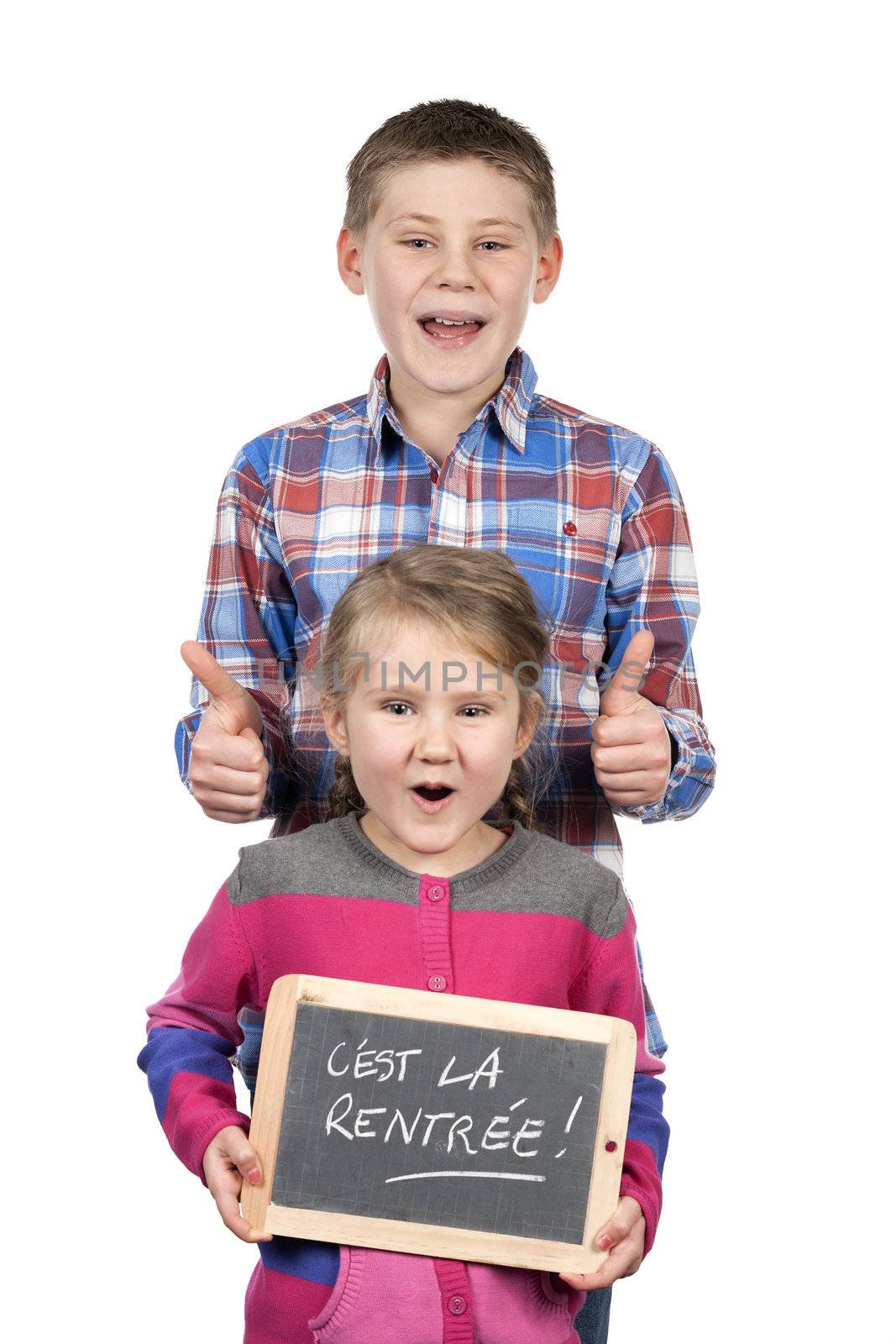 Happy children holding slate on white background