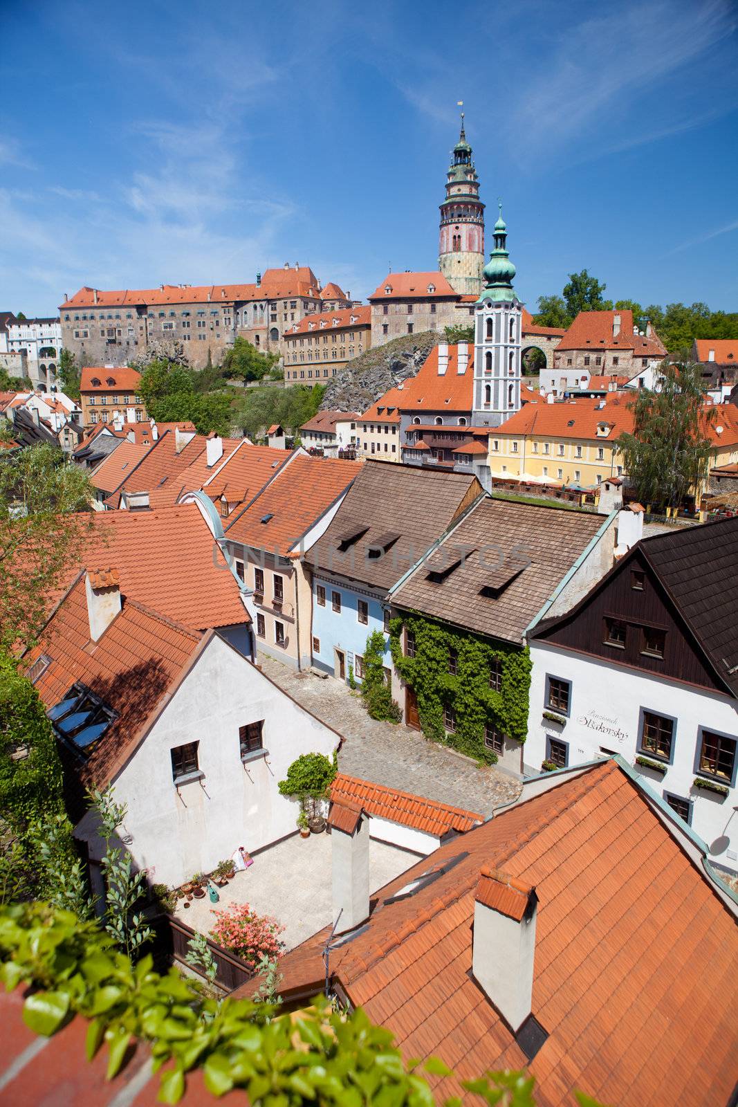 roofs of Cesky Krumlov and view to a castle