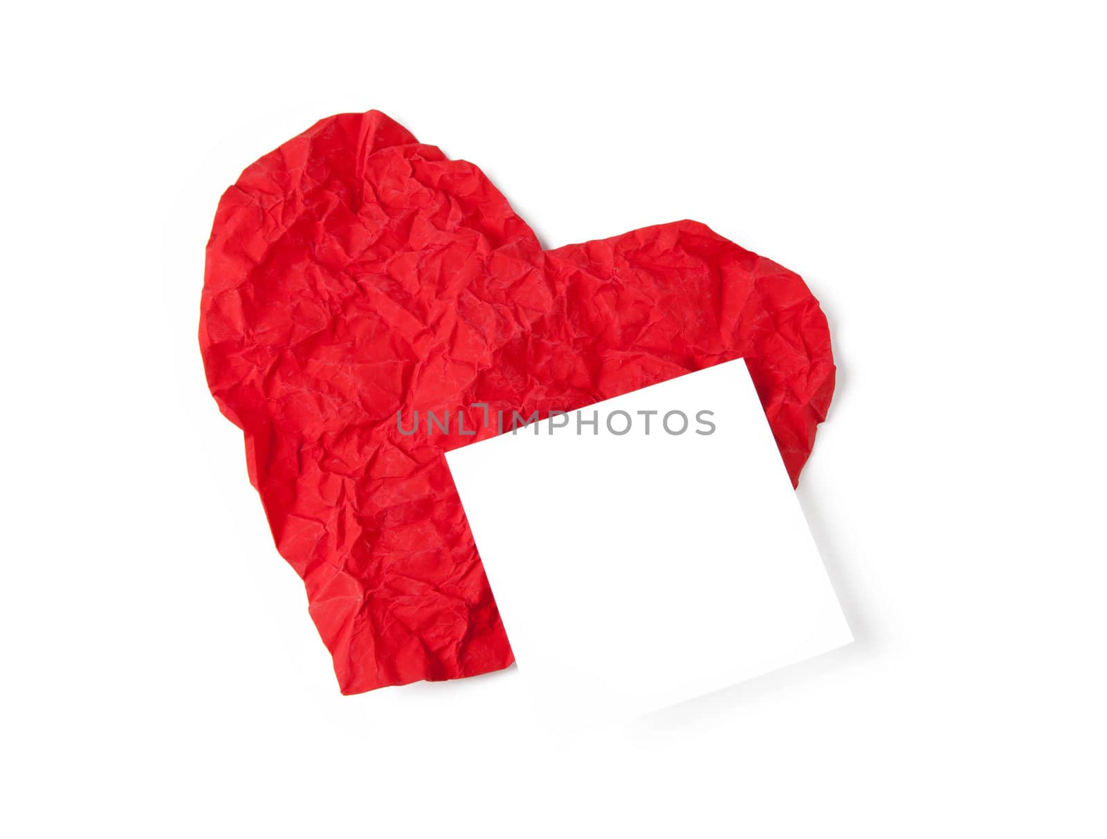 Red crumpled paper heart isolated on white background