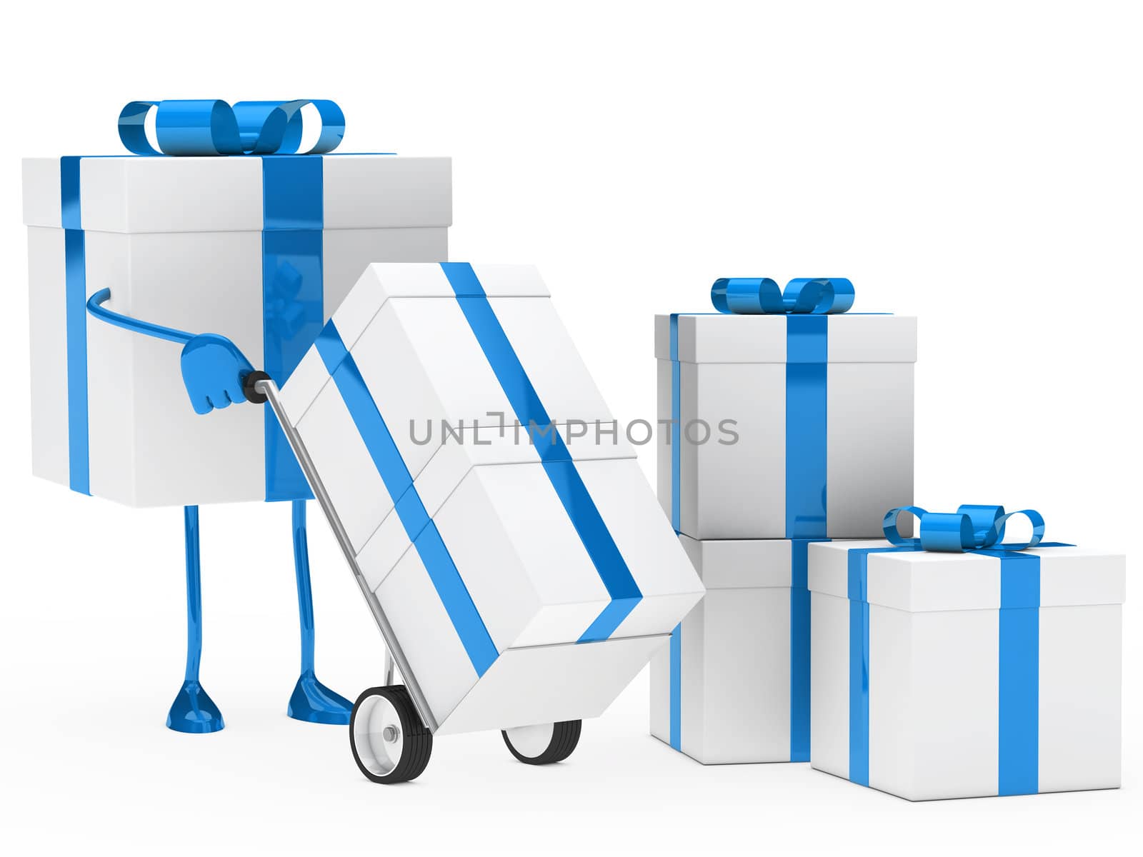 blue christmas gift box hold hand truck