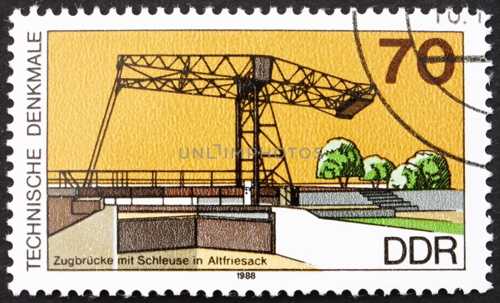 GDR - CIRCA 1988: a stamp printed in GDR shows Ship Lift and Bridge, Altfriesack, Germany, circa 1988