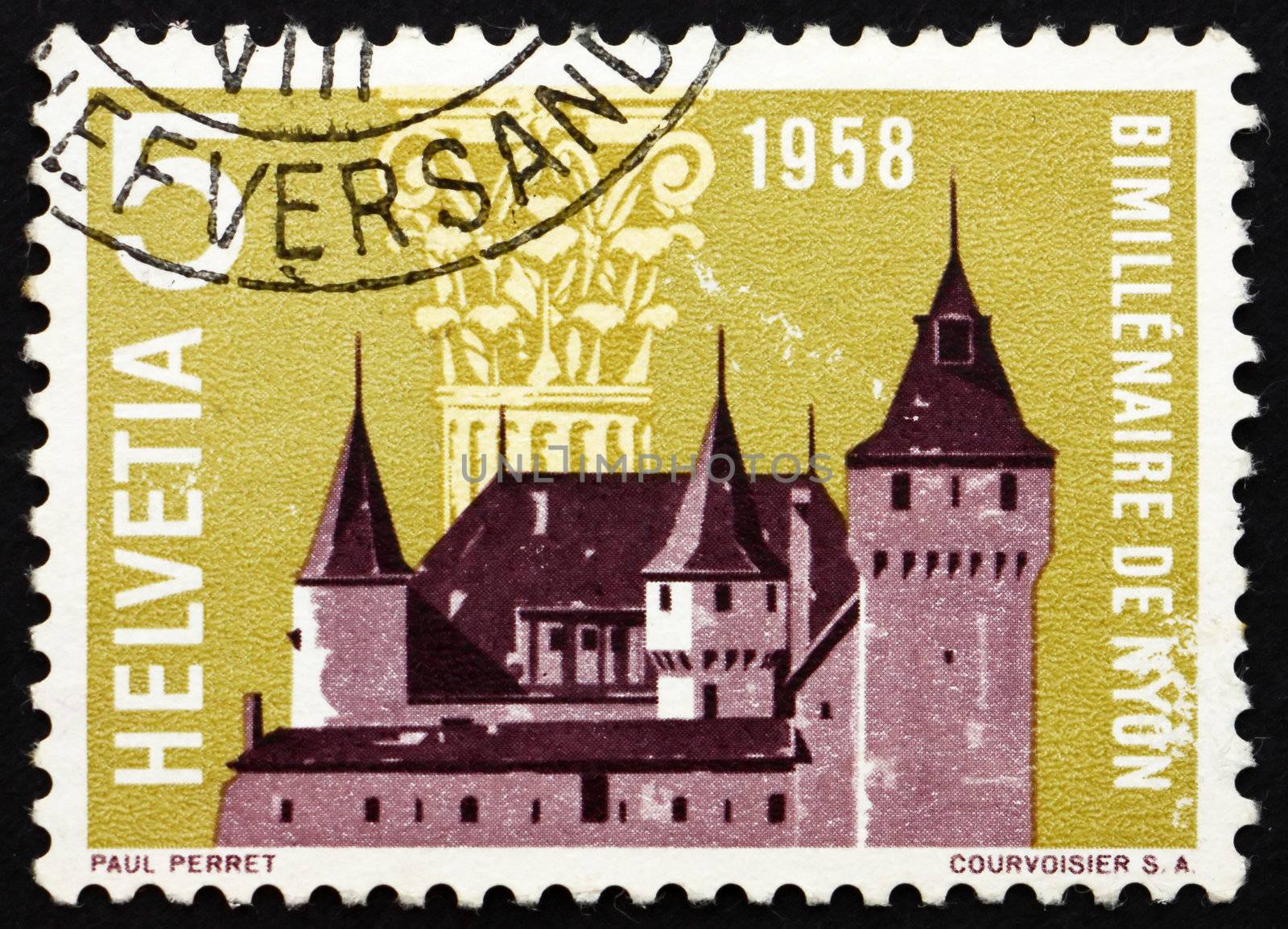 SWITZERLAND - CIRCA 1958: a stamp printed in the Switzerland shows Nyon Castle and Corinthian Capital, 2000th Anniversary of Nyon, circa 1958