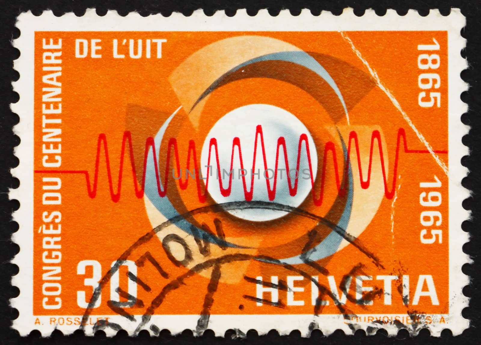 SWITZERLAND - CIRCA 1965: a stamp printed in the Switzerland shows Symbol of Communications and Waves, Centenary of the International Telecommunication Union, circa 1965
