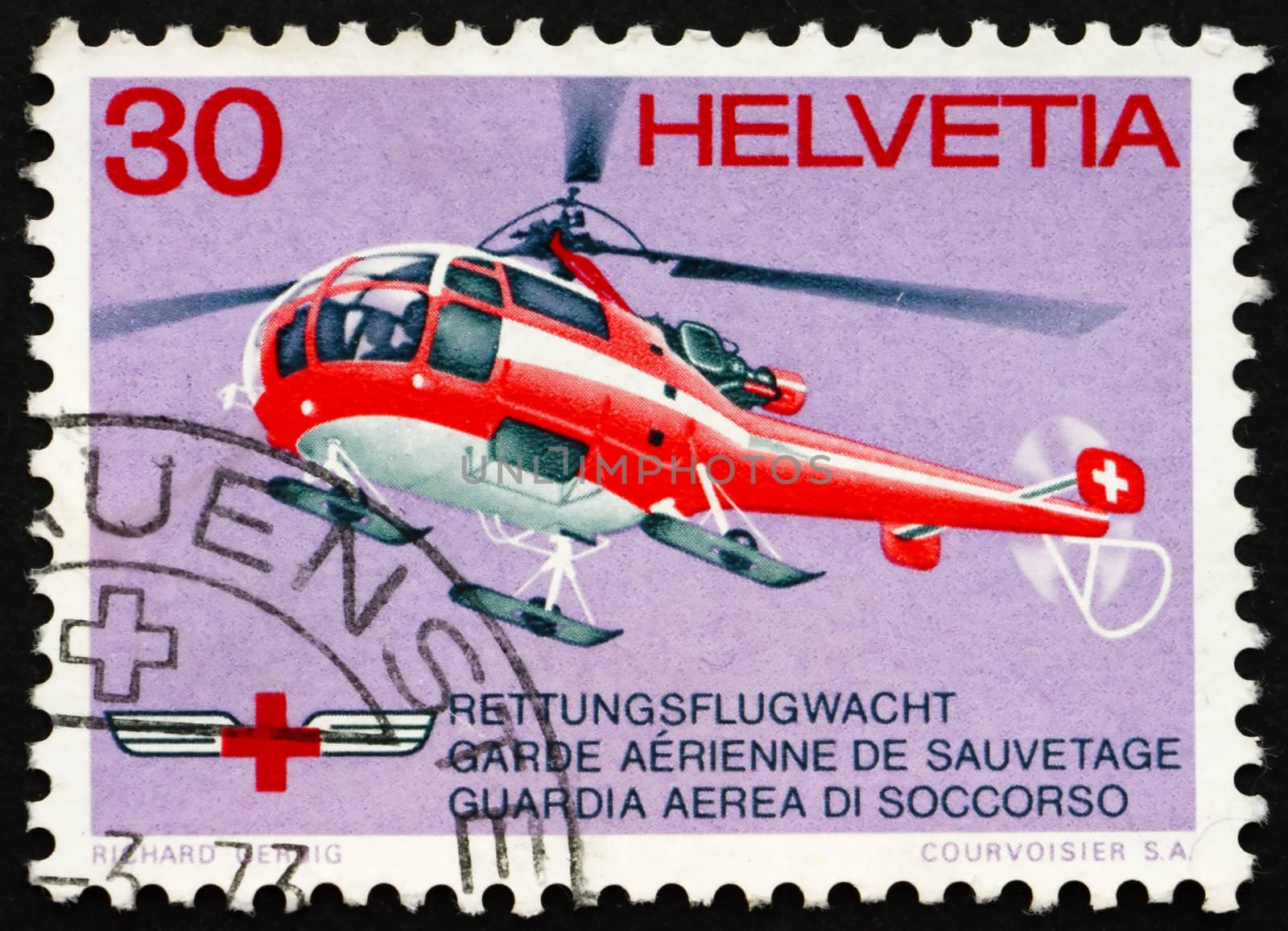 SWITZERLAND - CIRCA 1972: a stamp printed in the Switzerland shows Red Cross Rescue Helicopter, circa 1972