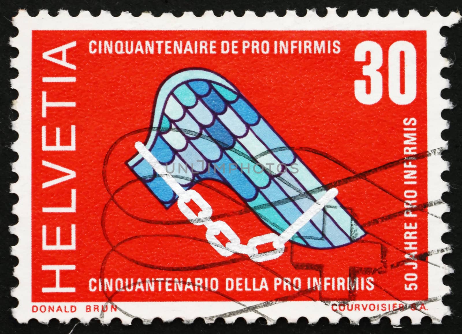 SWITZERLAND - CIRCA 1970: a stamp printed in the Switzerland shows Pro Infirmis Emblem, 50th Anniversary of the Pro Infirmis Foundation, Help Disabled, circa 1970