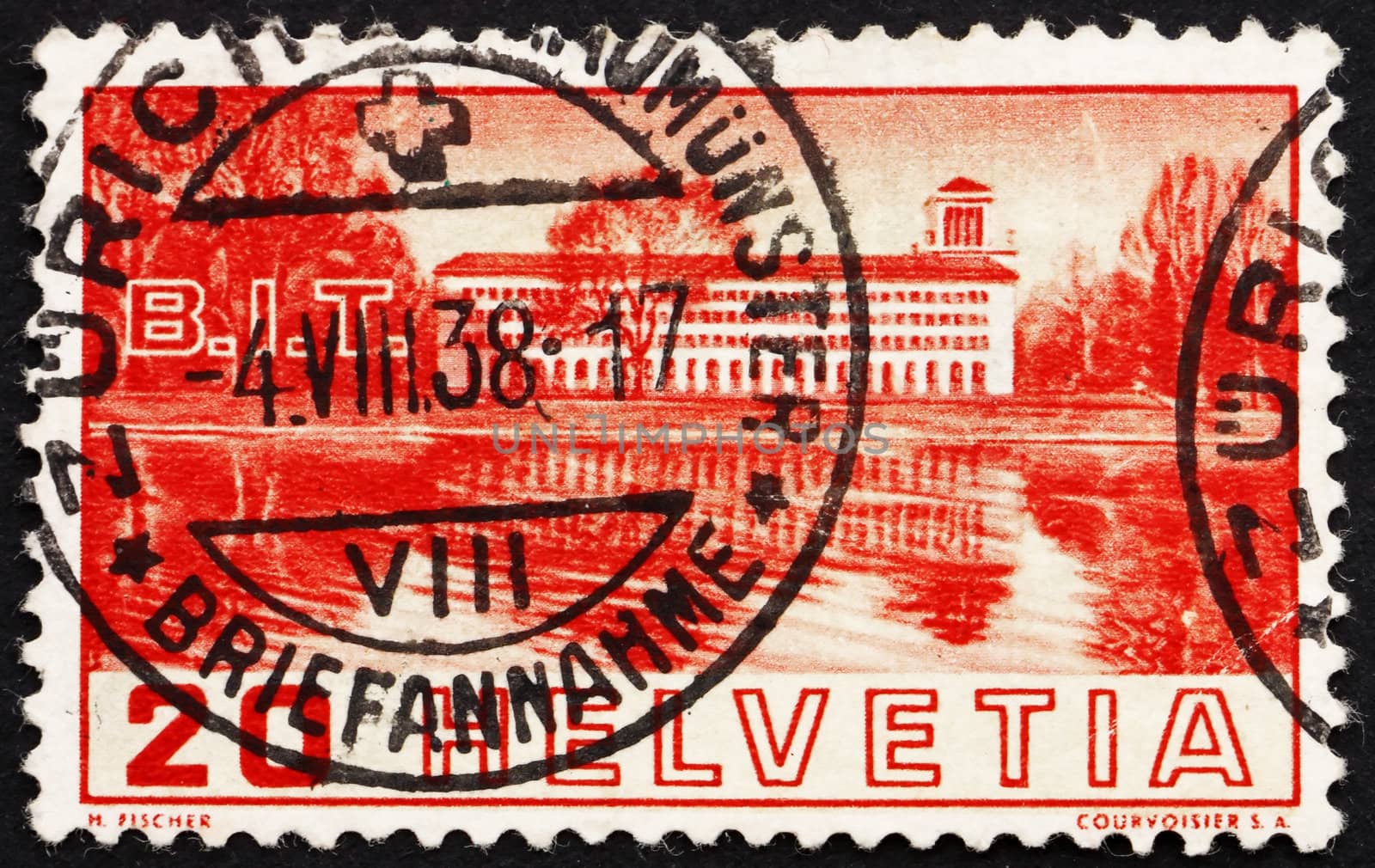 SWITZERLAND - CIRCA 1938: a stamp printed in the Switzerland shows View of Labor Building from Lake Geneva, Geneva, circa 1938