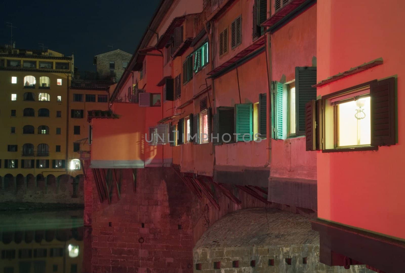 View of the Ponte Vecchio in Florence at night with Christmas illuminations