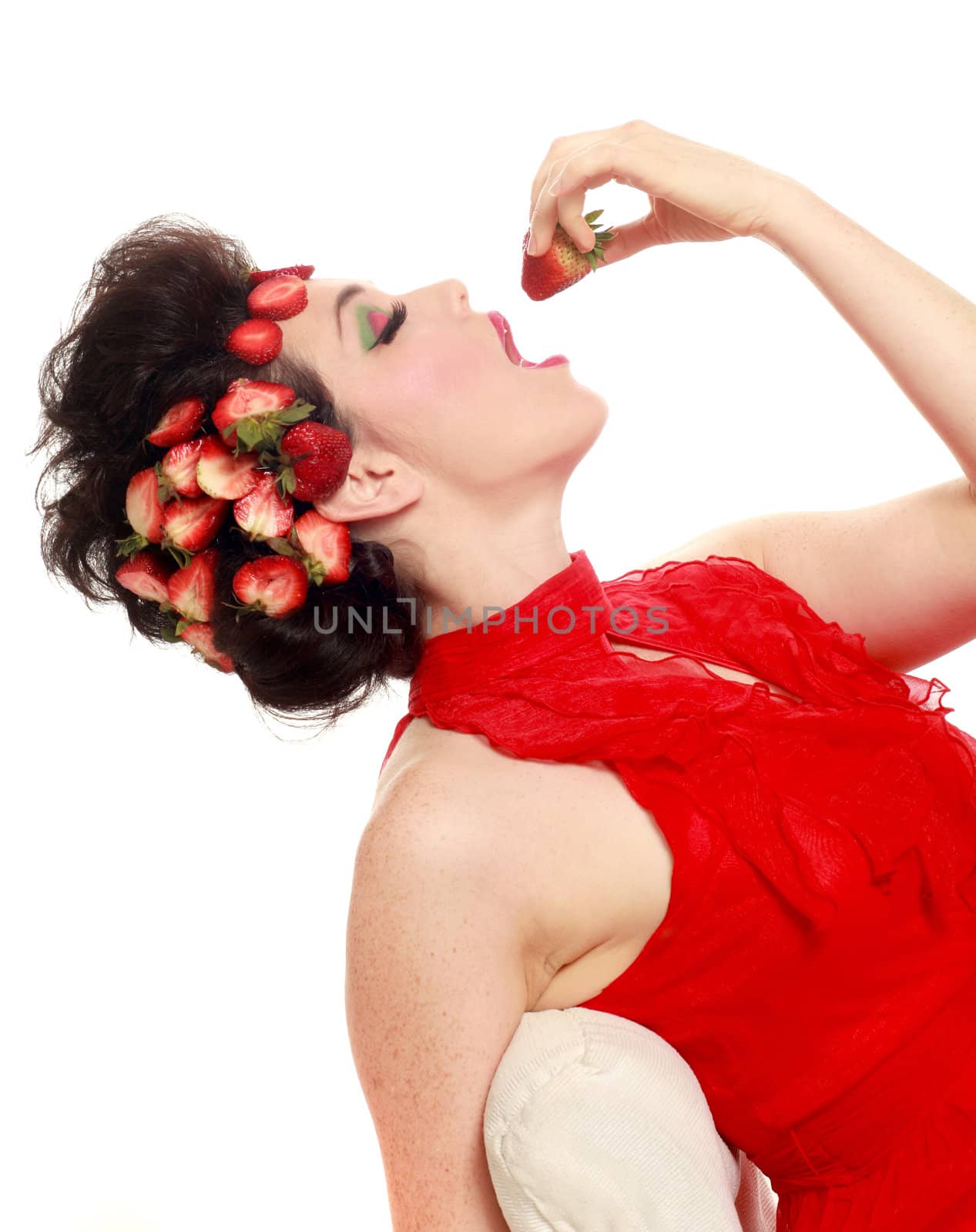 Woman With Strawberries in her Hair on White Background
