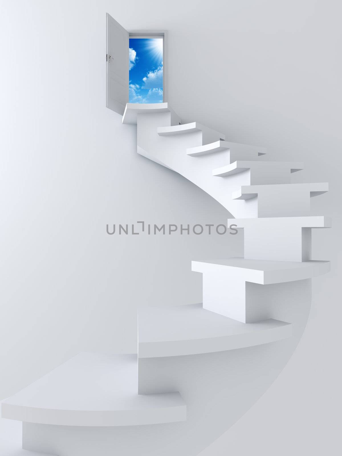 White twisted ladder and opened door with blue sky and sun