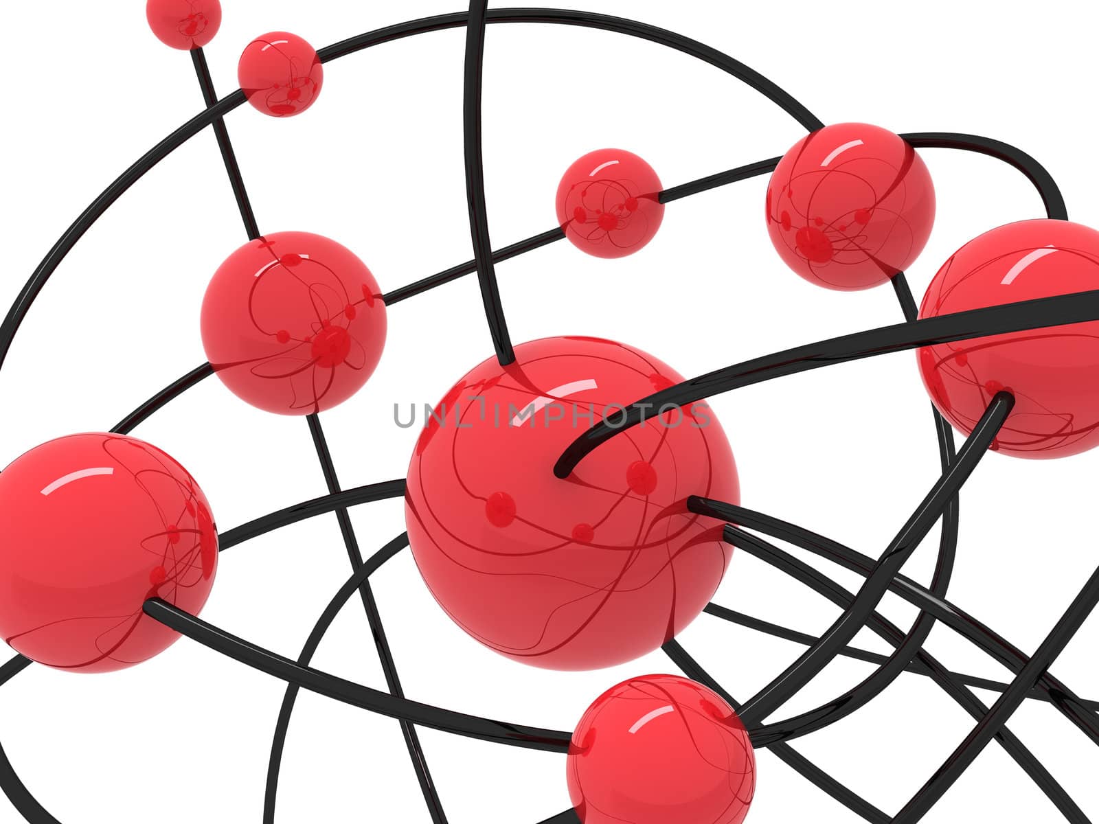 abstract red plastic balls and black tubes on white background