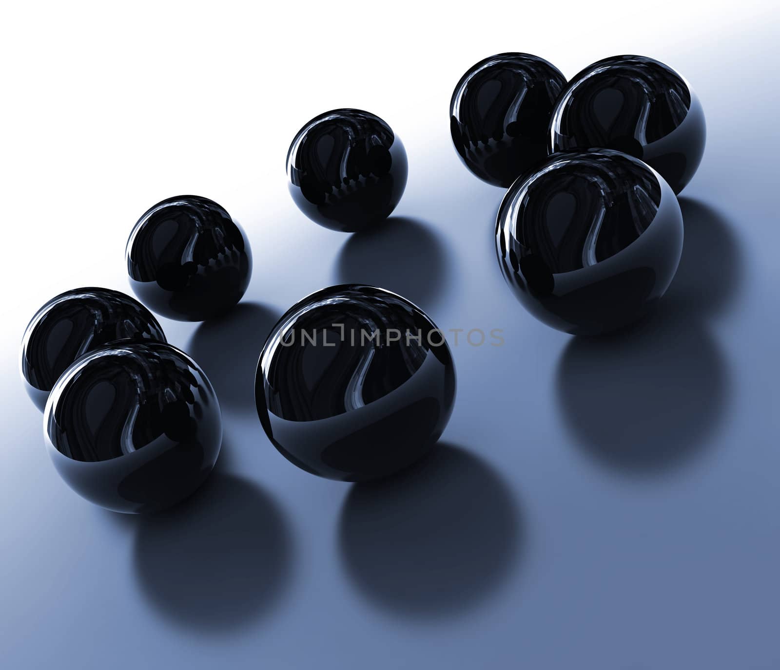 Abstract dark metallic spheres on a blue reflective background