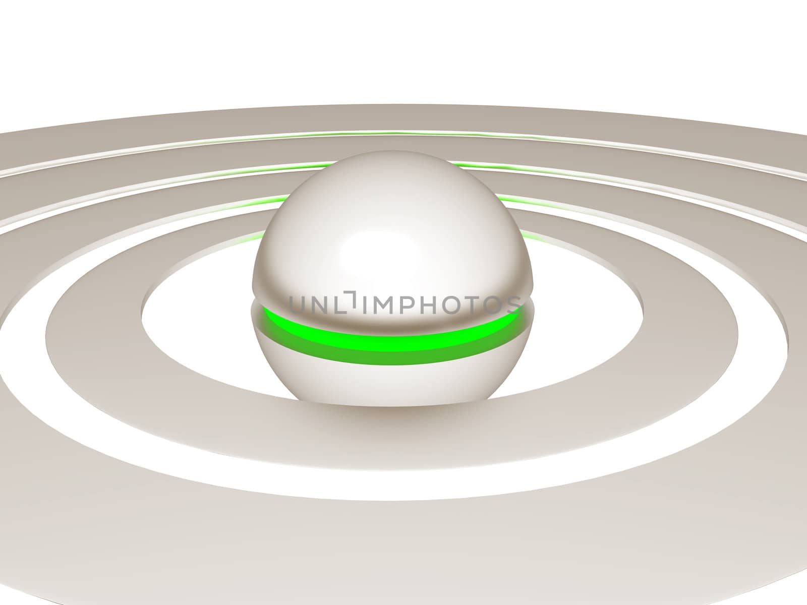 abstract metallic ball with green core and tubes on white background