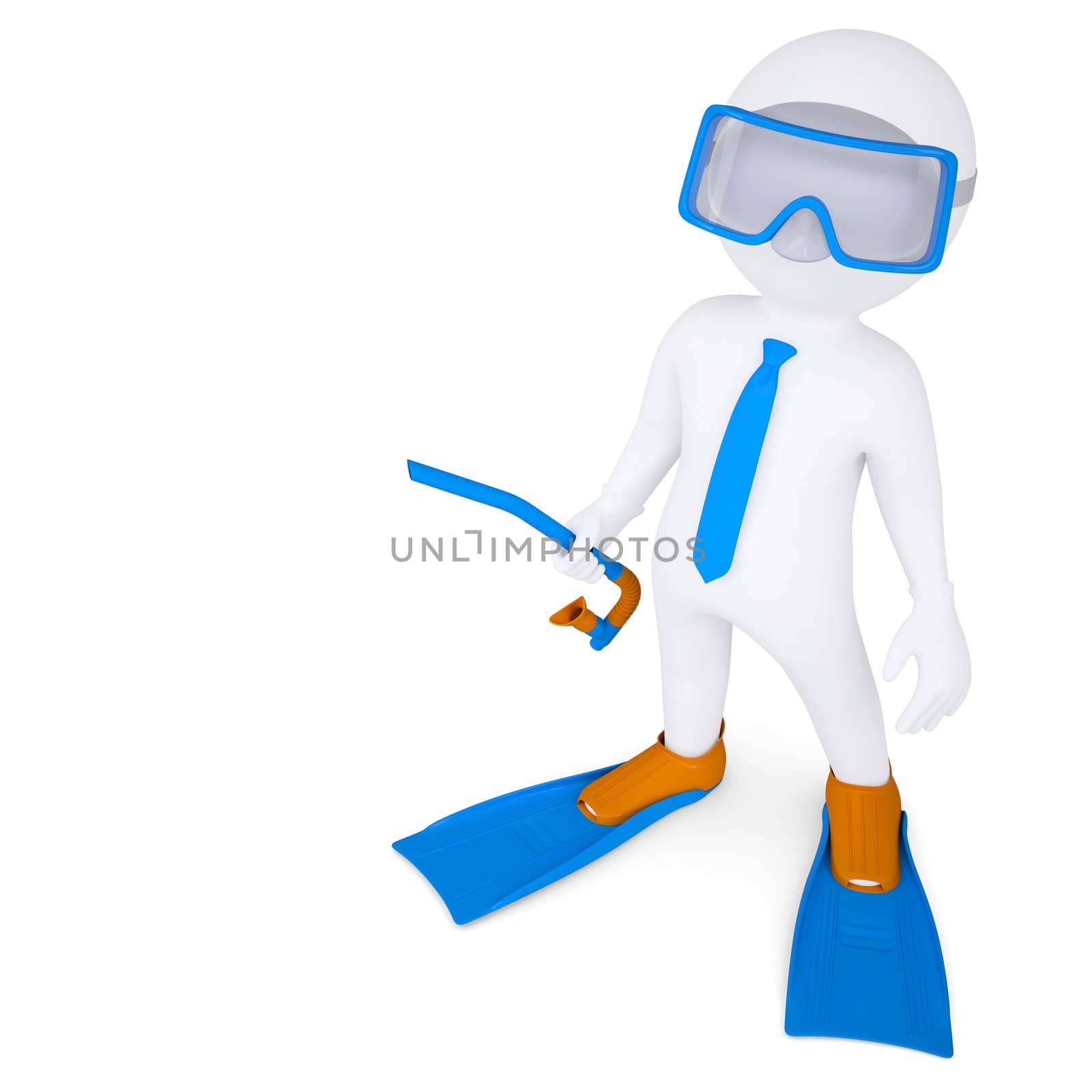 3d man with flippers and mask underwater. 3d render isolated on white background