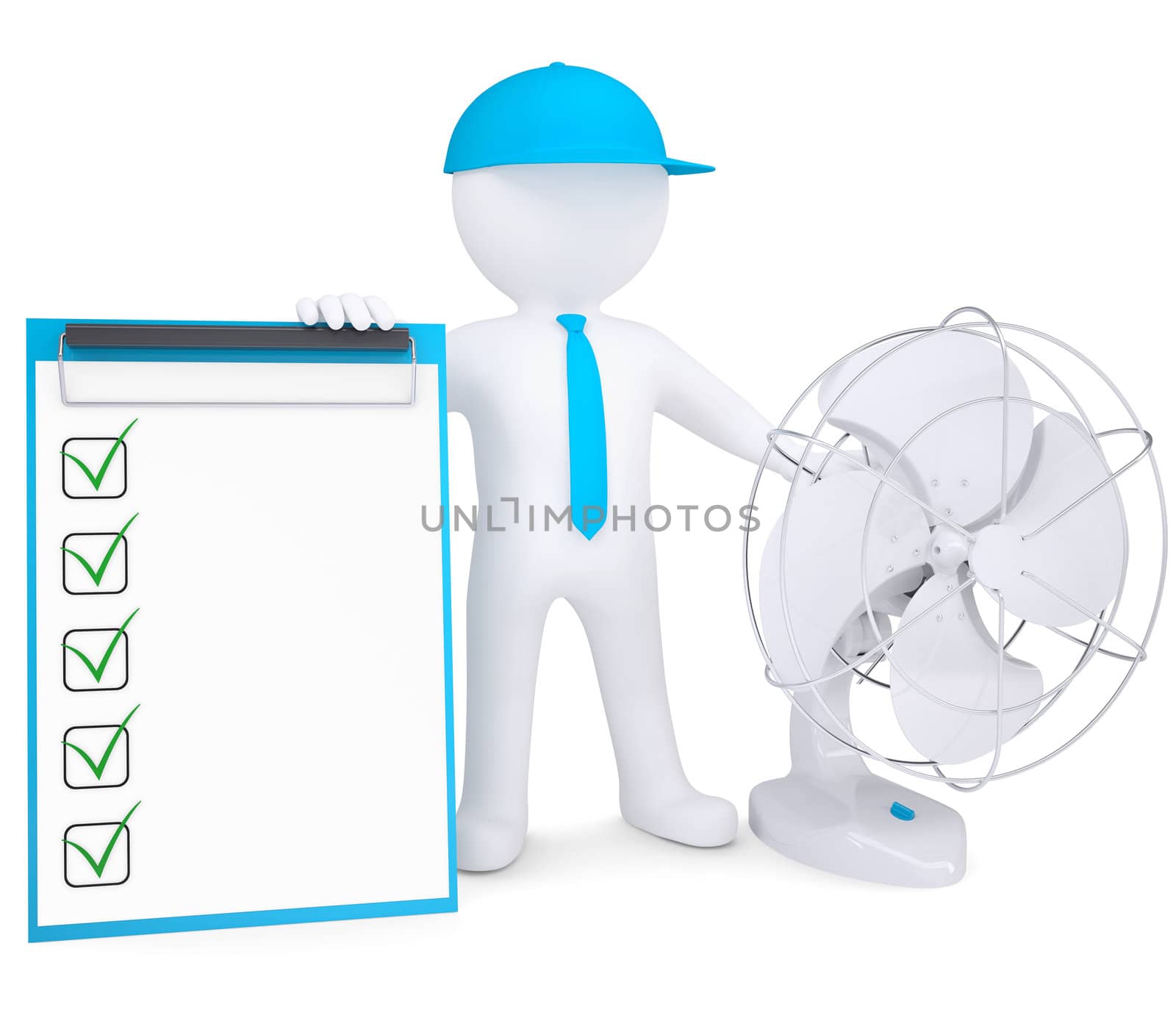 3d man with a desktop fan and checklist. Isolated render on a white background