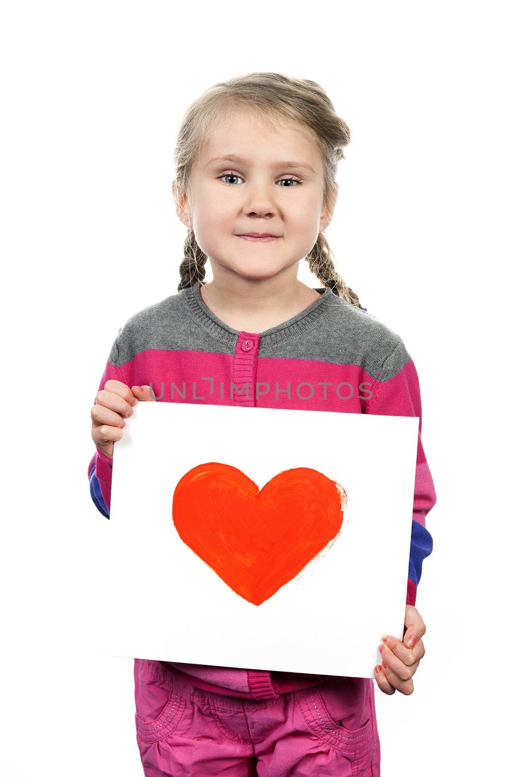 Drawn heart in girl hands on white background