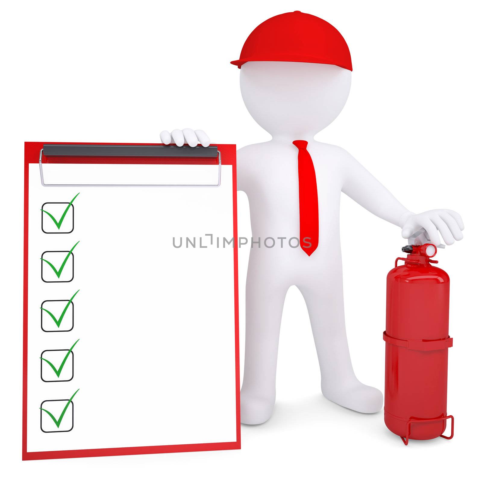 3d man with fire extinguisher and checklist by cherezoff