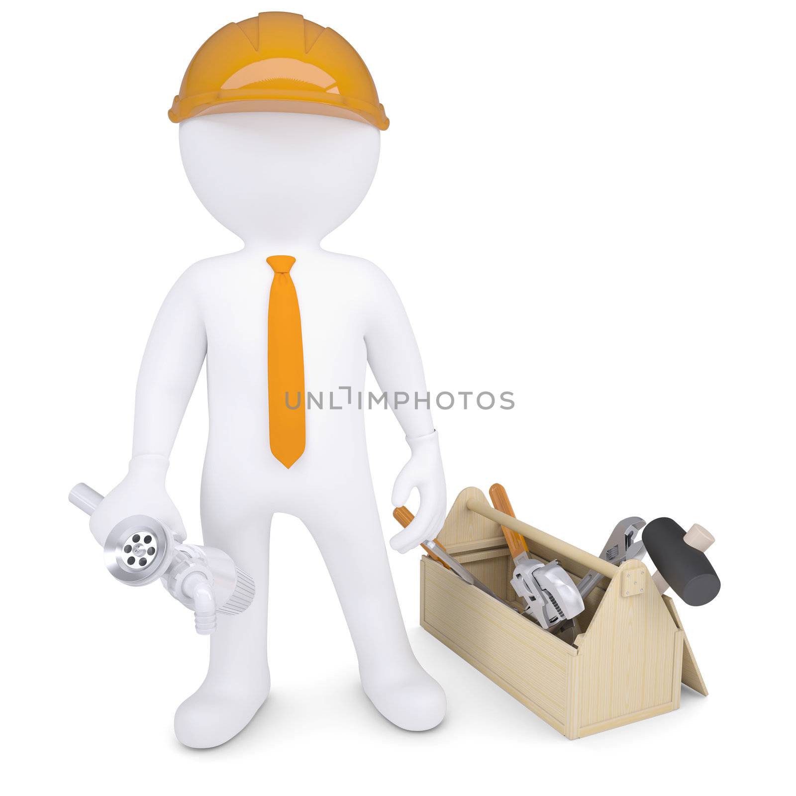 Plumber with tools and a siphon. 3d render isolated on white background