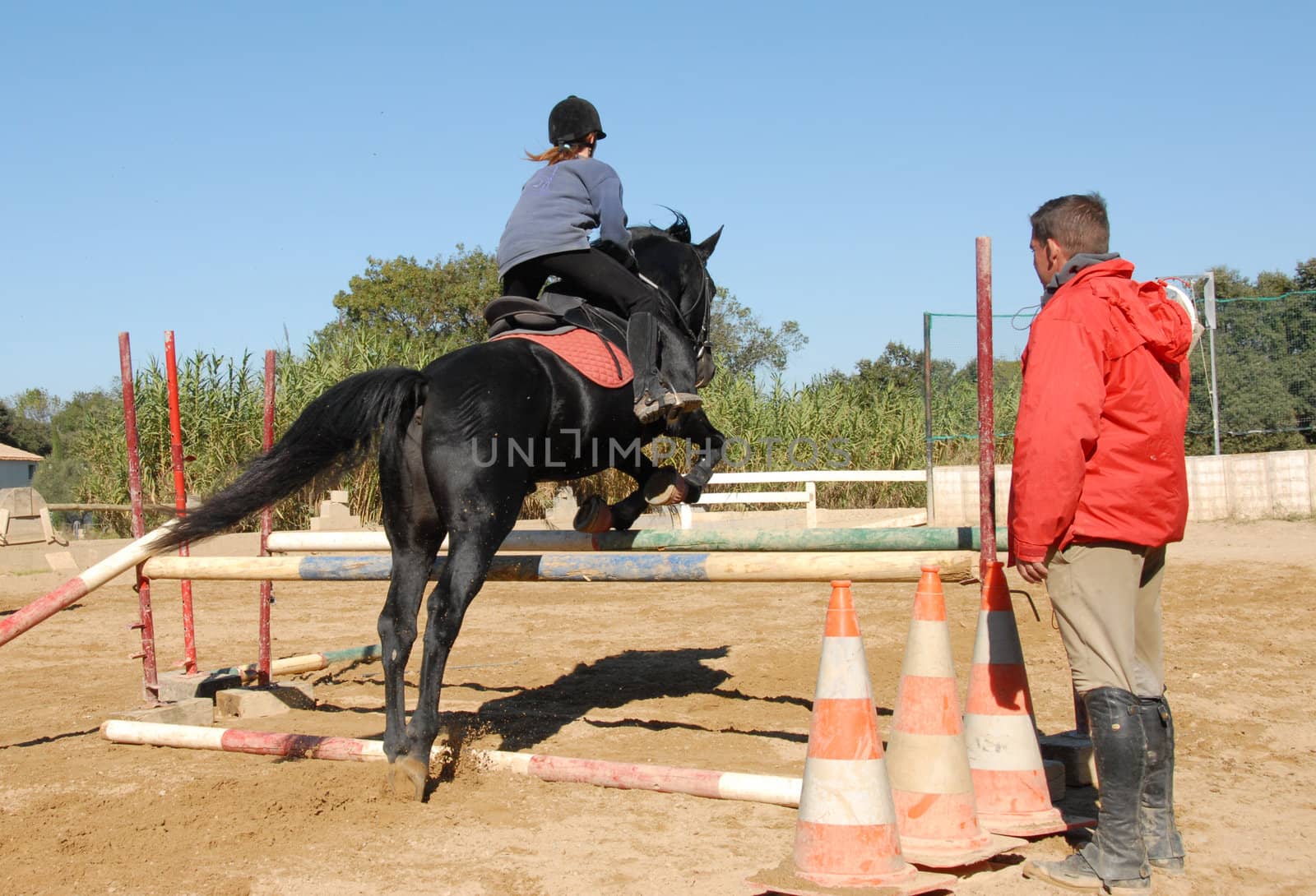 jumping young woman and her black  horse with master

