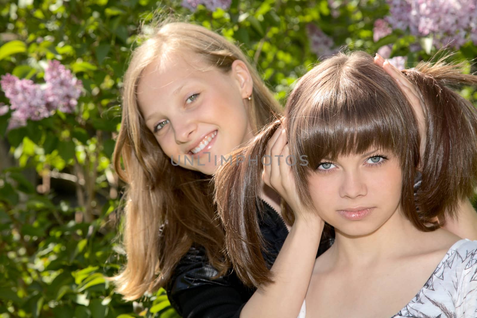 Two girls of the teenager against a blossoming lilac
