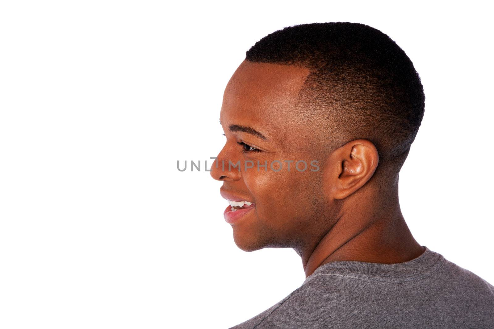 Neck and side of face happy smiling man, isolated.