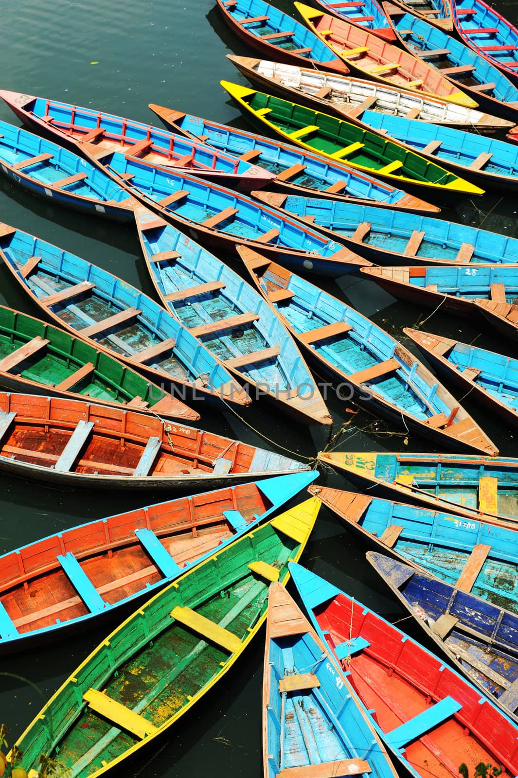 Colorful tour boats parking at the lakeside