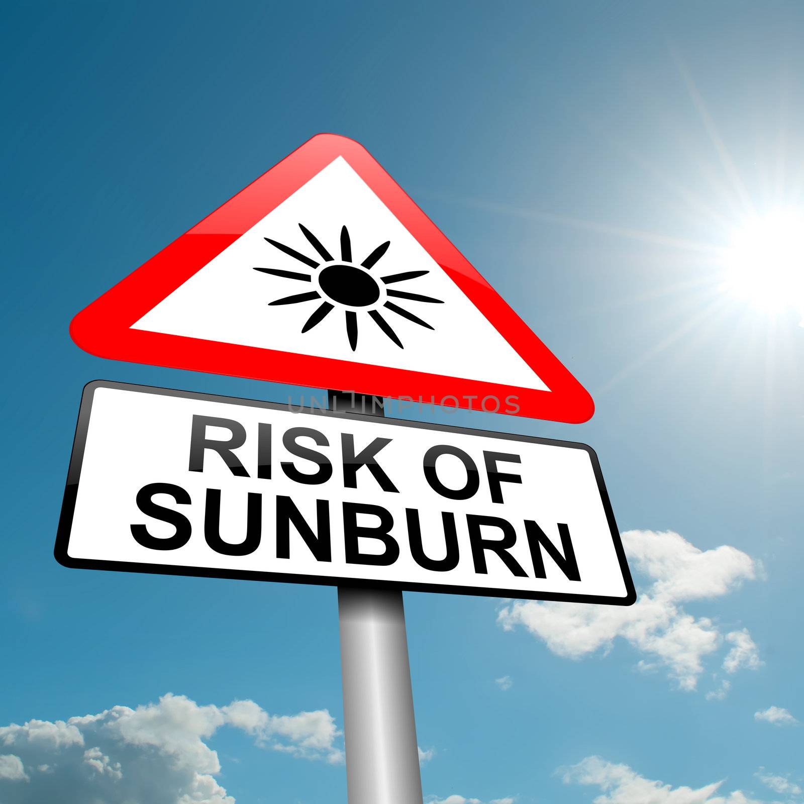 Illustration depicting a road traffic sign with asunburn risk concept. Blue sky background.