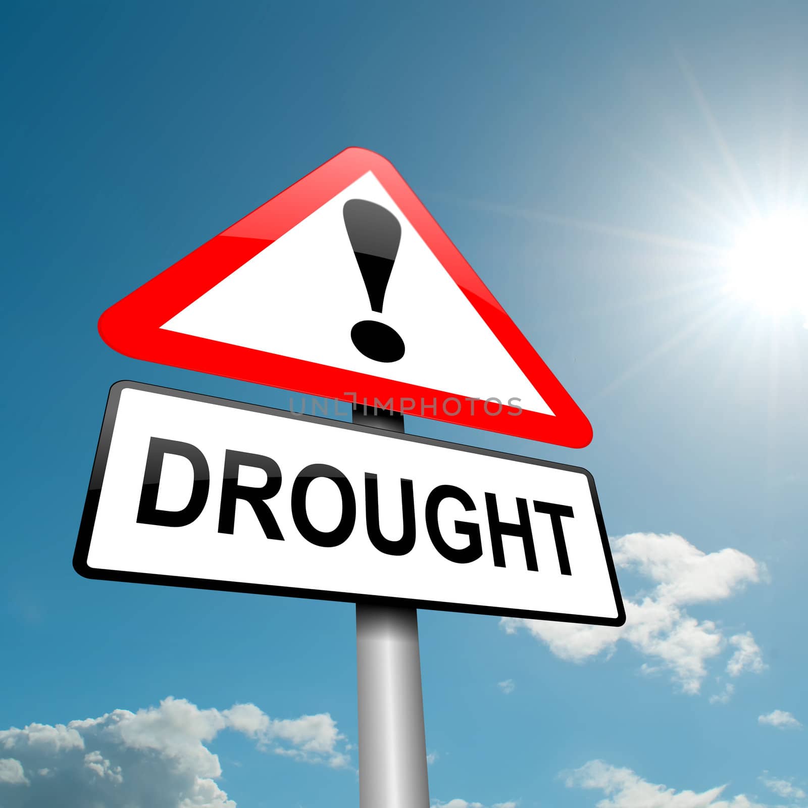Illustration depicting a road traffic sign with a drought concept. Blue sky background.