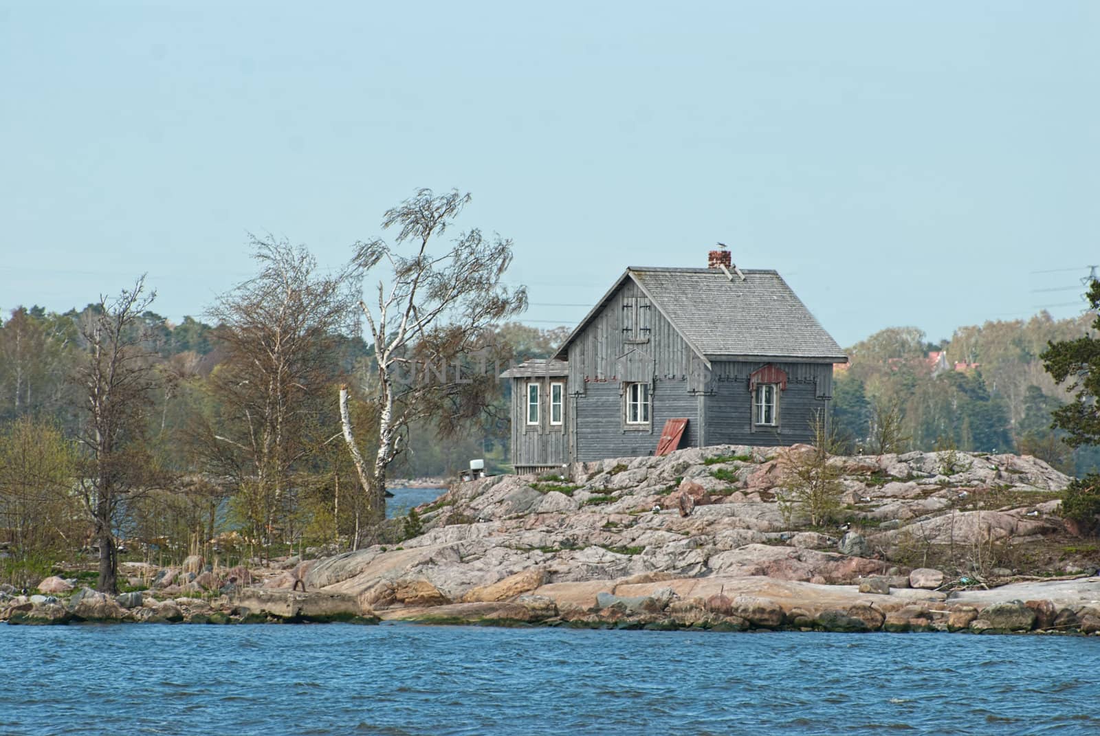 A lonely wooden house on the island.