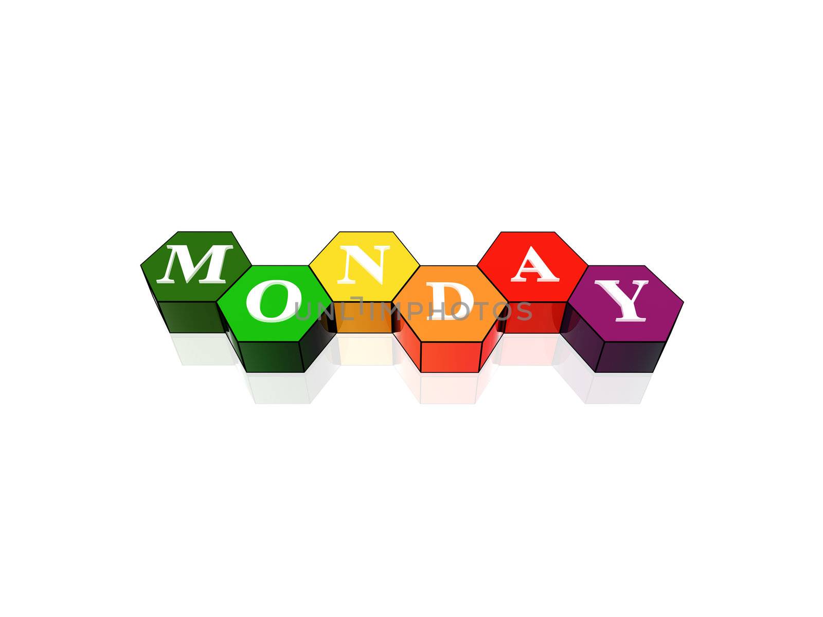 3d coloured hexagons with letters makes monday