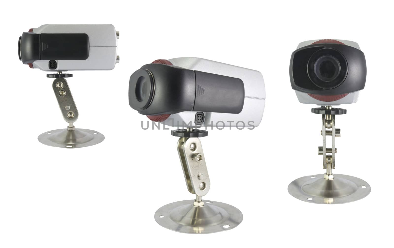 Side and front view of a surveillance camera isolated on white background.