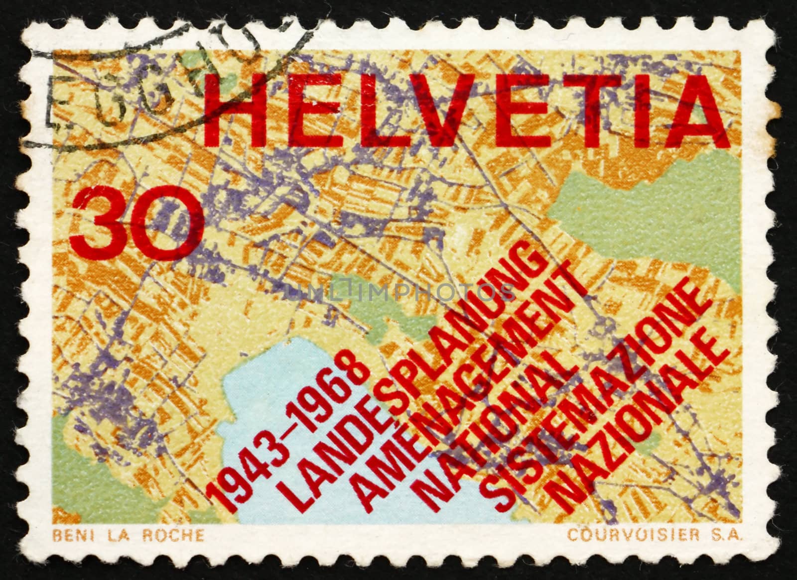 SWITZERLAND - CIRCA 1968: a stamp printed in the Switzerland shows Map Showing Systematic Planning, 25th Anniversary of the Swiss Society for Territorial Planning, circa 1968