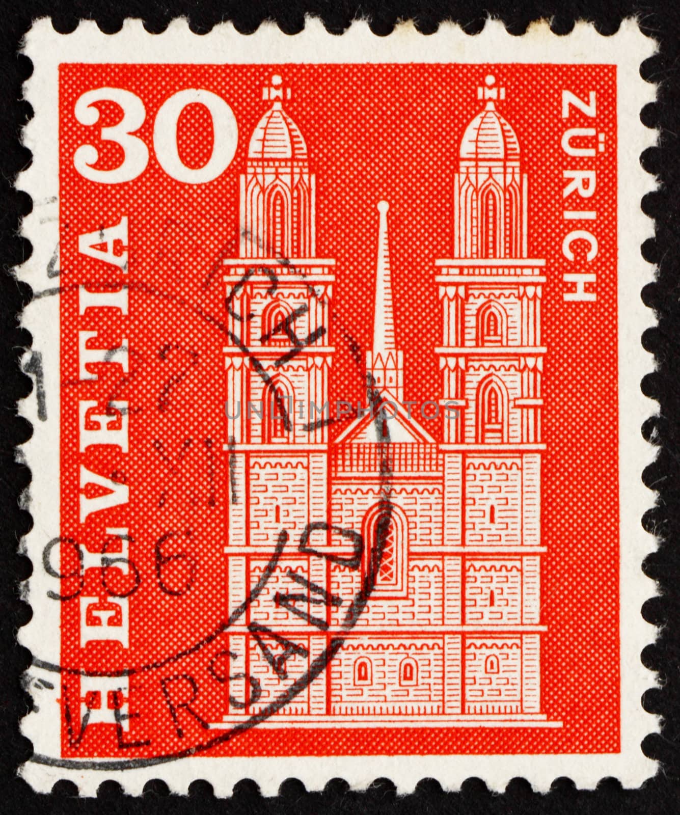 SWITZERLAND - CIRCA 1960: a stamp printed in the Switzerland shows Grossmunster Church, Zurich, circa 1960
