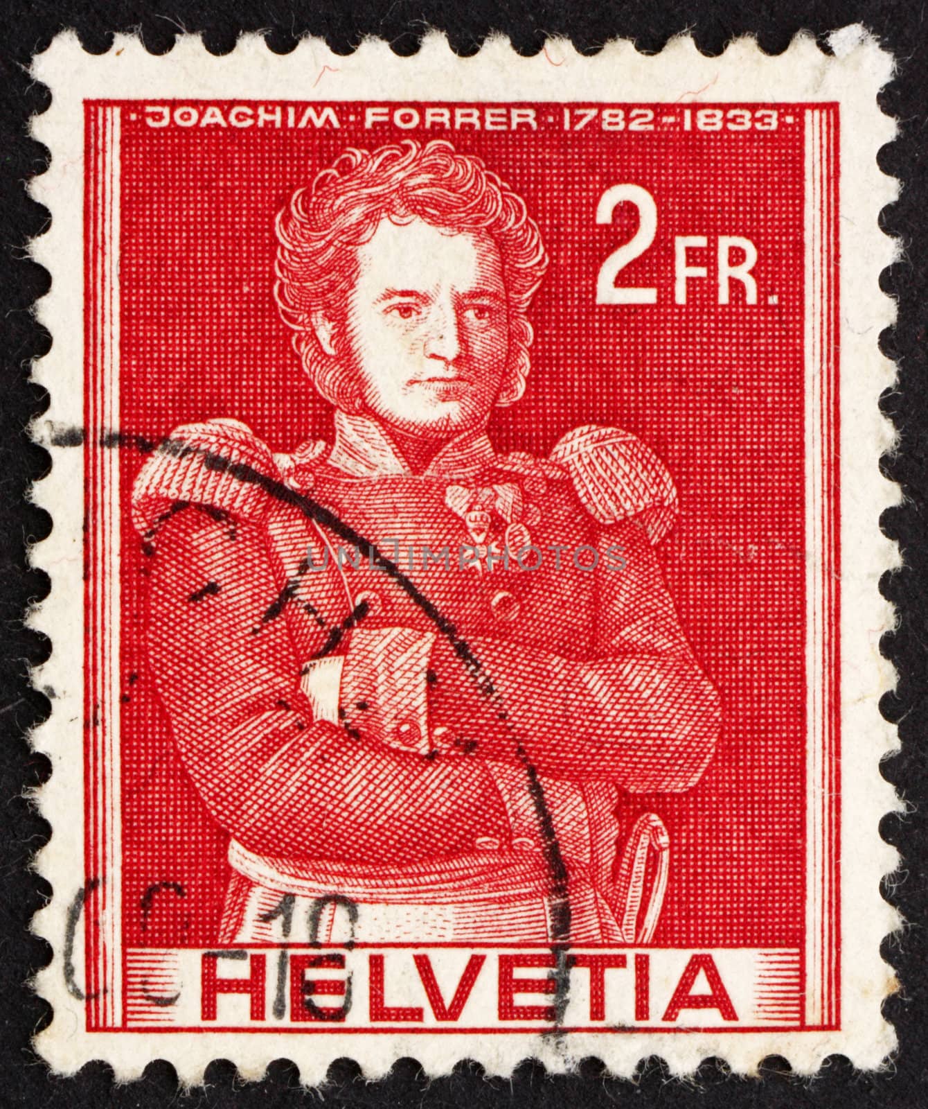 SWITZERLAND - CIRCA 1941: a stamp printed in the Switzerland shows Colonel Joachim Forrer of New St. Johann, Swiss Commander, Painting by Felix M. Diogg, circa 1941