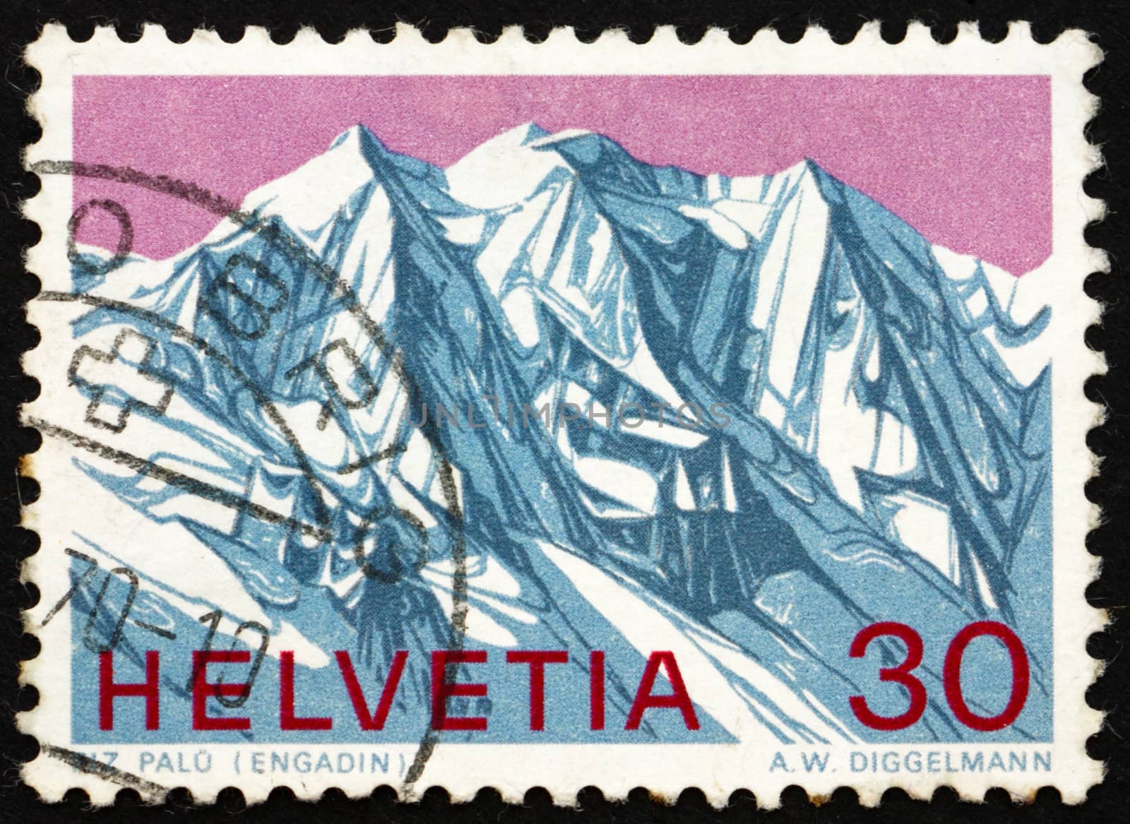 SWITZERLAND - CIRCA 1970: a stamp printed in the Switzerland shows View of Piz Palu, Grisons, Swiss Alps, circa 1970