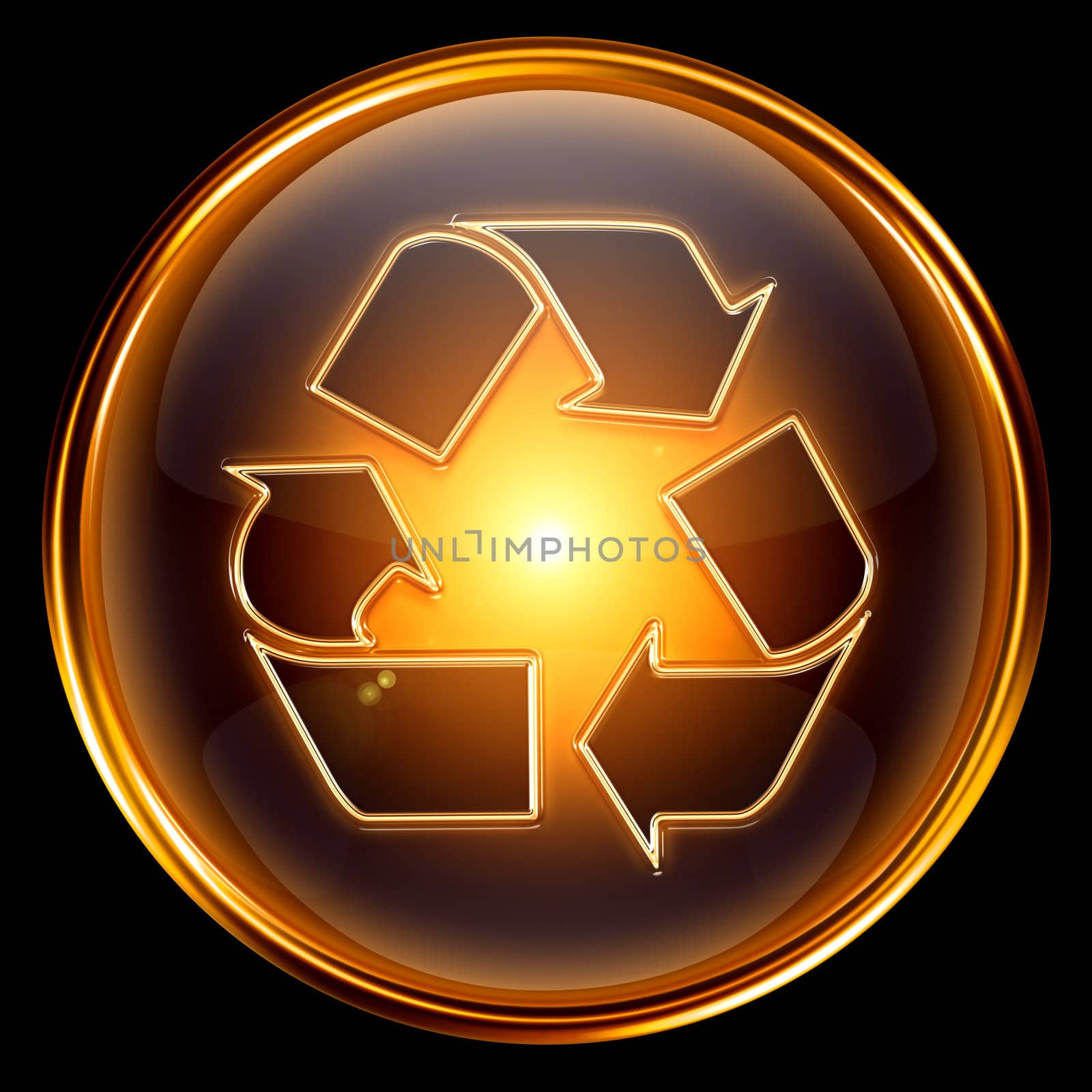 Recycling symbol icon gold, isolated on black background.