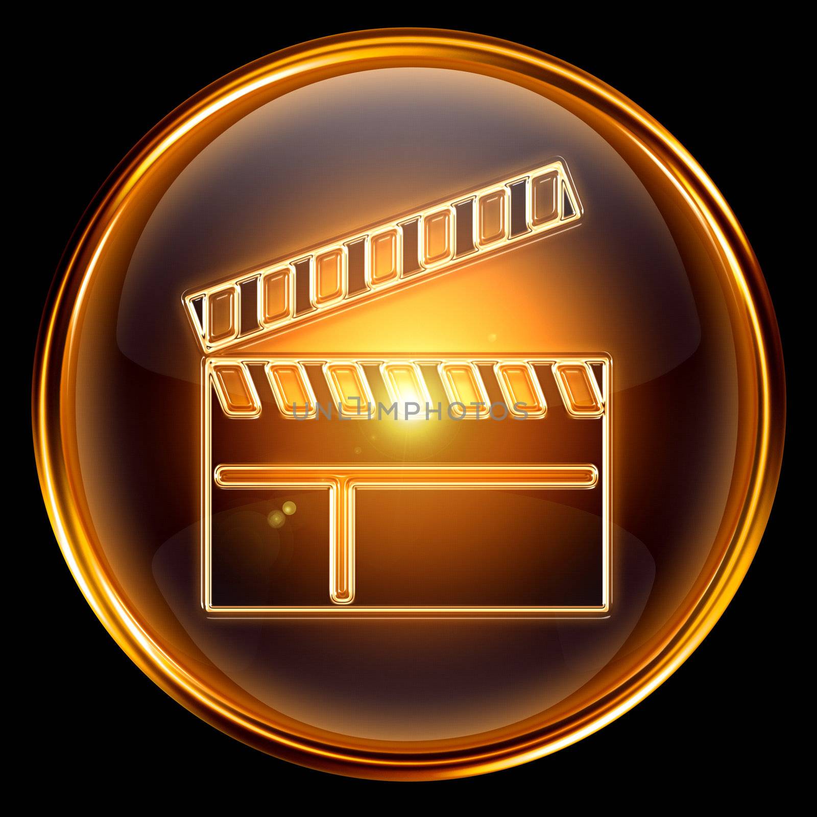 movie clapper board icon golden, isolated on black background. by zeffss