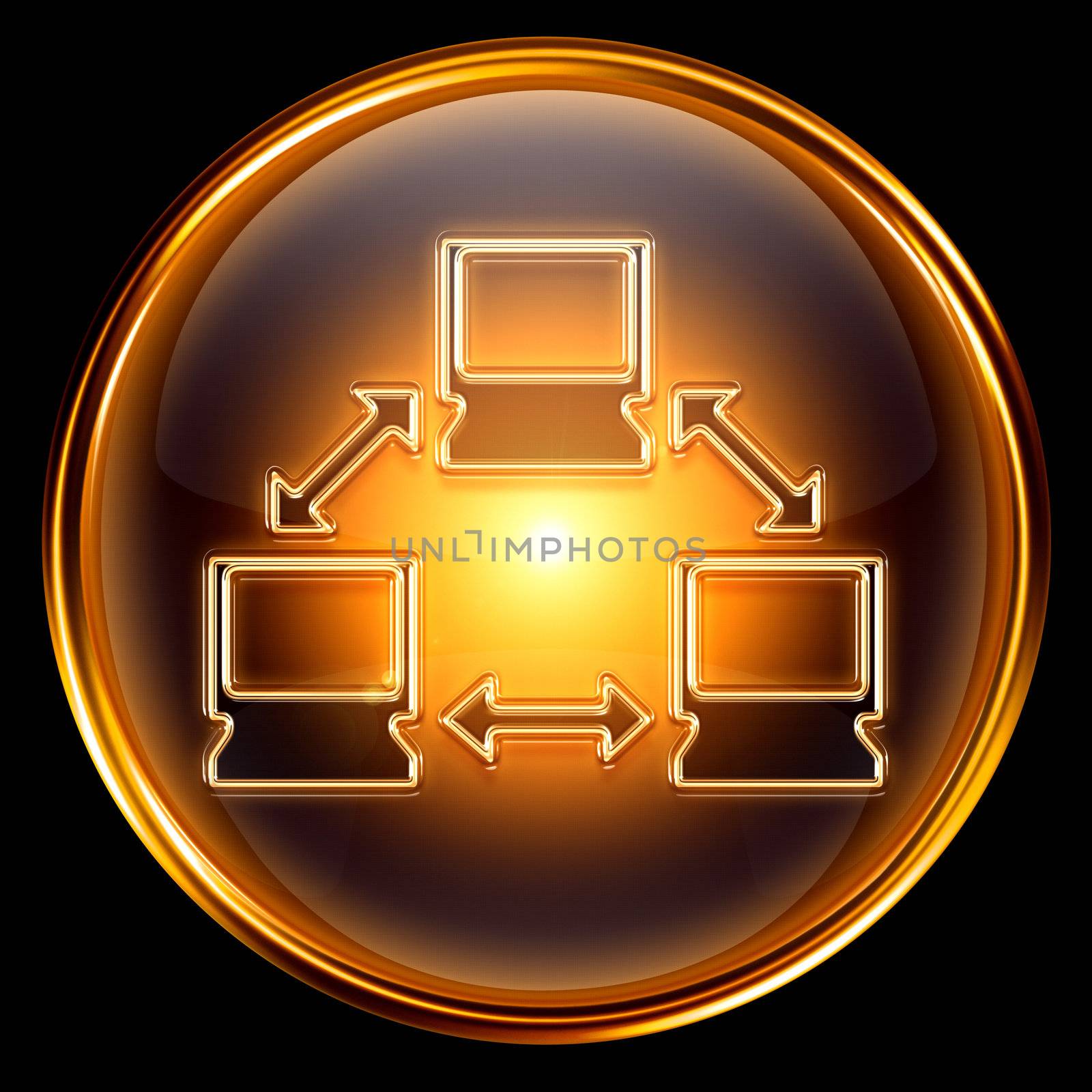 Network icon golden, isolated on black background.