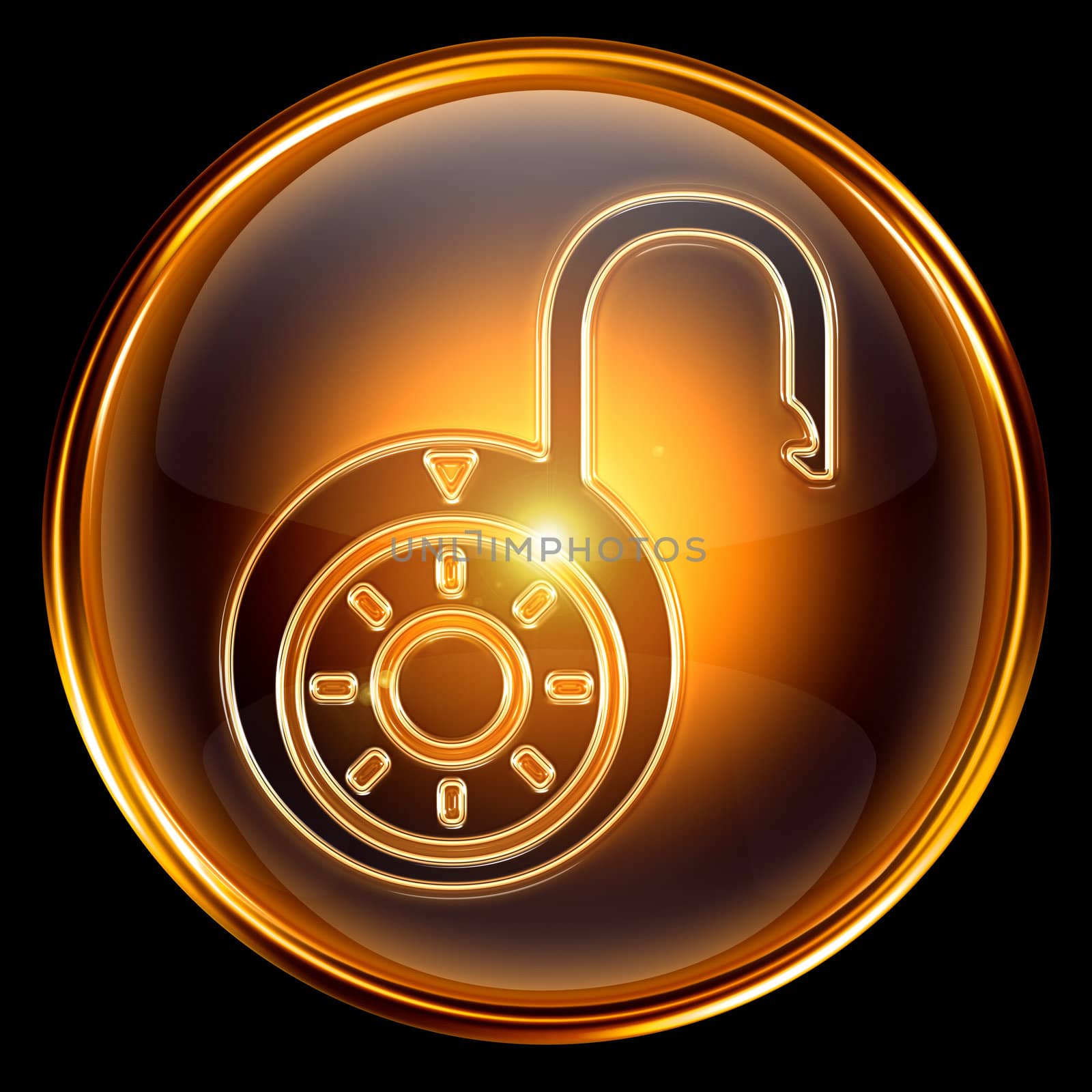 Lock open icon gold, isolated on black background